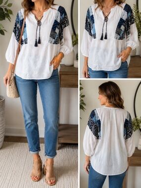 🟠NWT DAVI & DANI 3/4 Sleeve Semi Sheer Top w/Bandana-Type Print on Sleeves SMALL